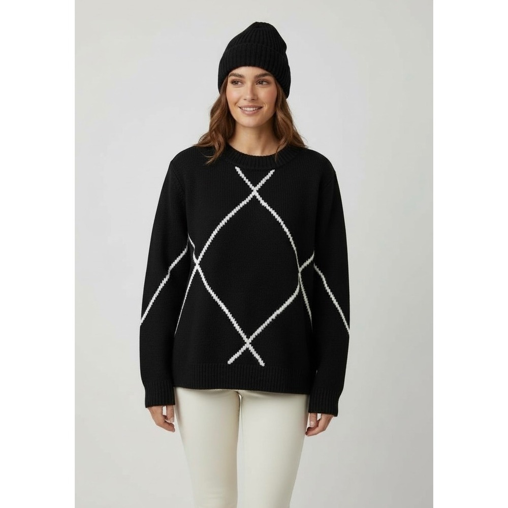 Joe Fresh Black Oversized‎ Crewneck Small Sweater with White Pattern